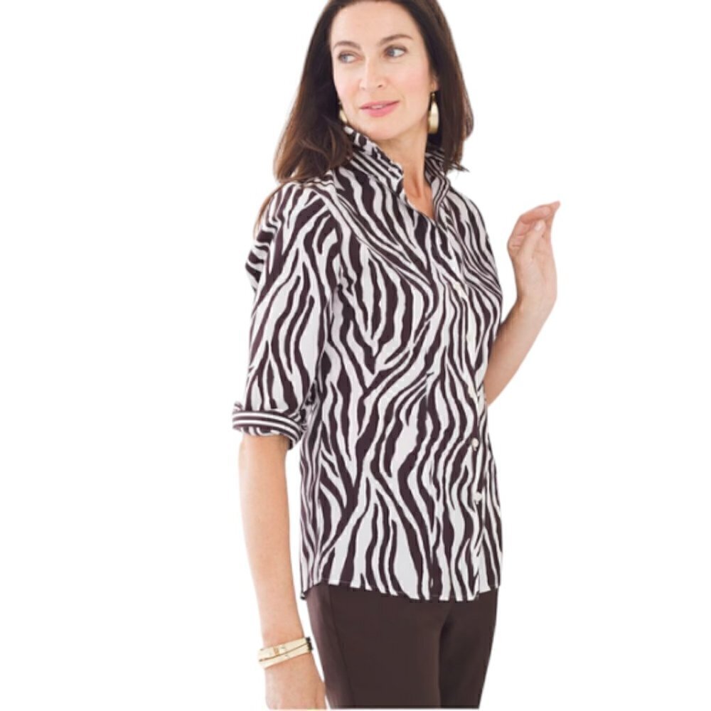Chicoβs Brown White Zebra Print 3/4 Sleeve Blouse, Size 0